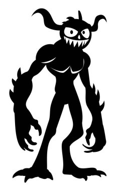 Boynuzları ve kızgın bakışları olan sevimli bir çizgi film karakteri. Keskin dişleri ve pençeleri olan komik korkunç yaratık. Vektör çizgi film illüstrasyonu