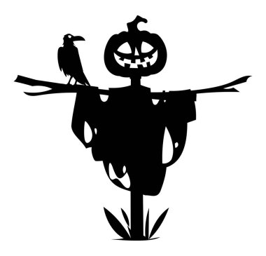 Tüyler ürpertici bir korkuluğun silueti. Kafası balkabağı gibi ve kolunda bir karga oturuyor. Vektör çizgi film illüstrasyonu