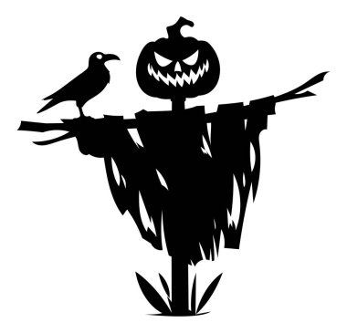 Korkunç bir balkabağı kafalı ve omzunda karga olan ürkütücü bir cadılar bayramı korkuluğunun silueti. Vektör çizgi film illüstrasyonu