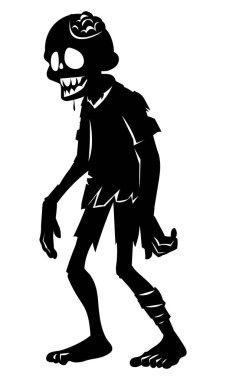 Yırtık elbiseli ve beyni açıkta kalmış ürkütücü ve korkunç bir zombi karakterinin silueti. Vektör çizgi film illüstrasyonu