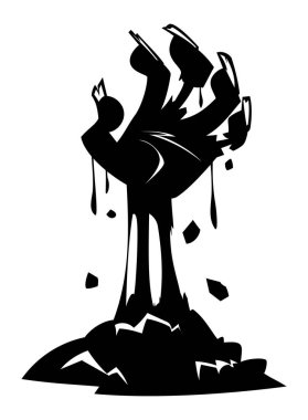 Yerden kan damlayarak yükselen ürkütücü ve korkunç bir zombi elinin silueti. Vektör çizgi film illüstrasyonu