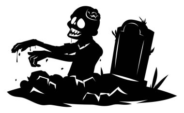 Ürkütücü ve korkunç bir zombi silueti. Beyni açıkta ve kan damlıyor. Mezar taşının yanında yerden yükseliyor. Vektör çizgi film karakteri çizimi