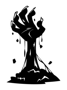 Yerden kan damlayan ve yükselen ürkütücü zombi eli silueti. Vektör çizgi film illüstrasyonu