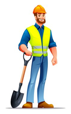 Sakallı erkek mühendis, inşaat alanında büyük bir kürek tutan sert bir şapka ve yansıtıcı yelek giyiyor. Vektör çizgi film karakteri çizimi