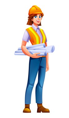 Sert şapkalı ve yansıtıcı yelekli kadın mühendis bir yığın rulo planlar ya da proje planları taşıyor. Vektör çizgi film karakteri çizimi