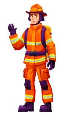 Üniformalı ve kasklı itfaiyeci elini sallıyor. O hayat kurtarmaya hazır cesur bir profesyonel. Vektör çizgi film karakteri çizimi