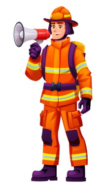 Elinde megafonla itfaiyeci, acil bir durum olduğunda talimat veriyor ve insanları uyarıyor. Vektör çizgi film karakteri çizimi