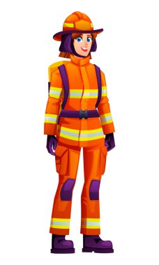 Kadın itfaiyeci, üniforma, kask ve teçhizat giyerek diğerlerini korumaya hazır, kendinden emin bir şekilde ayakta duruyor. Vektör çizgi film karakteri çizimi