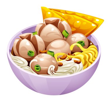 Bir kase lezzetli Endonezya bakso çorbası, erişteli geleneksel köfte yemeği ve kızarmış wonton. Vektör çizgi film illüstrasyonu