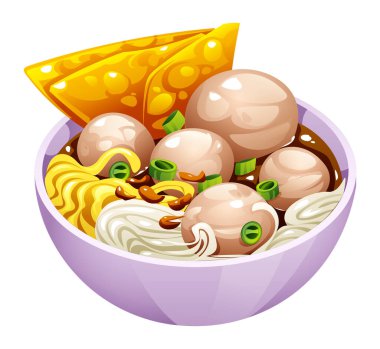 Lezzetli Endonezya köftesi çorbası. Makarna, soğan ve kızarmış wonton ile birlikte bakso olarak bilinir. Vektör çizgi film illüstrasyonu