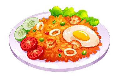 Bir tabak nefis nasi goreng deniz ürünleri, geleneksel Endonezya usulü karidesli pilav ve kızarmış yumurta. Vektör çizgi film illüstrasyonu