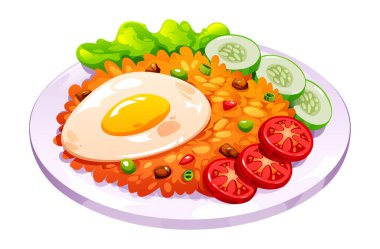 Bir tabak lezzetli nasi goreng, geleneksel Endonezya usulü kızarmış pilav ve sahanda yumurta. Vektör çizgi film illüstrasyonu