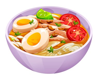 Bir kase lezzetli soto ayam yumurta, erişte ve domatesli geleneksel Endonezya tavuk çorbası. Vektör çizgi film illüstrasyonu