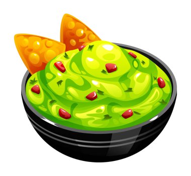 Tortilla cipsli bir kase guacamole, leziz bir Meksika avokado sosu ve aperatif. Vektör çizgi film illüstrasyonu
