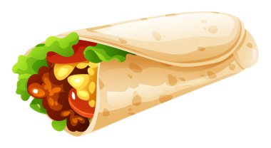 Et, pirinç, fasulye ve tortilla dürümünde taze marulla dolu nefis bir burrito. Vektör çizgi film illüstrasyonu