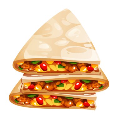 Bir yığın lezzetli quesadilla, erimiş peynir ve etle dolu bir tortilla. Vektör çizgi film illüstrasyonu