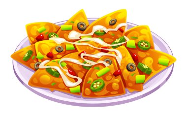 Eritilmiş peynirli, biberli, zeytinli ve domatesli nefis nacho. Vektör çizgi film illüstrasyonu