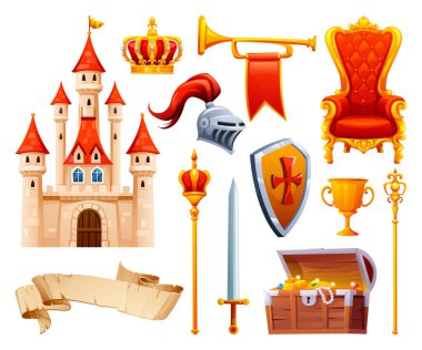 Kraliyet ve ortaçağ unsurlarının bir kalesi, kralın tahtı, hazine sandığı, taç, miğfer ve bayrağı olan koleksiyonu. Vektör çizgi film illüstrasyonu