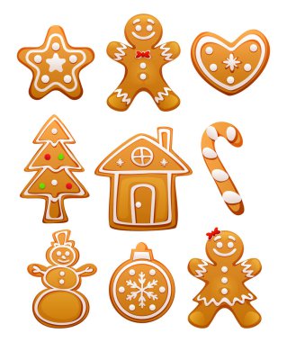 Zencefilli kurabiye seti, çeşitli şekillerde kurabiyeler, şenlikli detaylar ve renkli kremalar. Vektör çizgi film illüstrasyonu