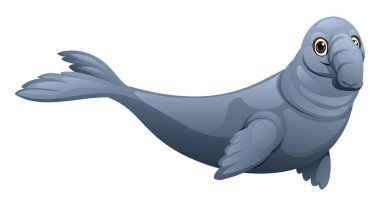 Şirin bir yüzle fok balığı yüzüyordu. Beyaz arkaplanda vektör illüstrasyonu