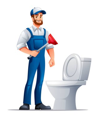 Mavi tulumlu bir tesisatçı ve tuvaletin yanında kırmızı bir pompa tutan bir şapka. Vektör çizgi film illüstrasyonu