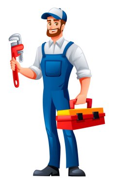Sakallı, şapkalı ve tulumlu, elinde anahtar ve alet çantası olan gülümseyen bir tesisatçı. Vektör çizgi film illüstrasyonu