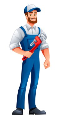 Mavi üniformalı gülen tesisatçı elinde büyük kırmızı bir boru anahtarı tutuyor. Vektör çizgi film illüstrasyonu