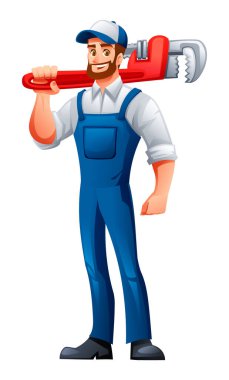 Gülümseyen tesisatçı omzunda büyük kırmızı bir boru anahtarı taşıyor. Vektör çizgi film illüstrasyonu