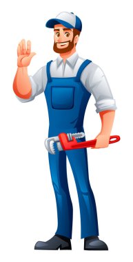 Mavi üniformalı gülümseyen tesisatçı büyük kırmızı bir boru anahtarı tutuyor ve elini sallıyor. Vektör çizgi film illüstrasyonu