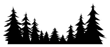 Çam ağaçlarının silueti, sık bir orman sınırı oluşturuyor. Vektör çizgi film illüstrasyonu