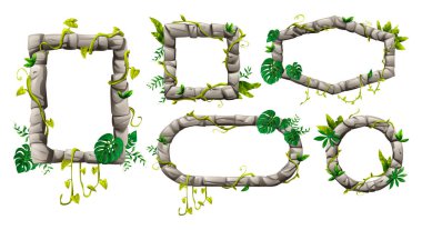 Farklı şekillerde boş taş çerçeveler, yeşil orman yaprakları ve beyaz arka planda bükülmüş lianalar. Vektör çizgi film illüstrasyonu