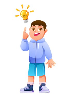 Mutlu çocuk parmağını kaldırır ve kafasının üstündeki ampulle belirtilmiş inanılmaz bir fikre kapılır. Neşeli ve proaktif görünüyor. Vektör çizgi film illüstrasyonu