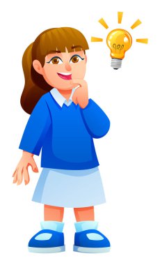 Genç kız eli çenesinde, üzerinde bir ampul tarafından temsil edilen yeni bir fikri yansıtan düşünceli bir şekilde ayakta duruyor. Dalgın görünüyor. Vektör çizgi film illüstrasyonu