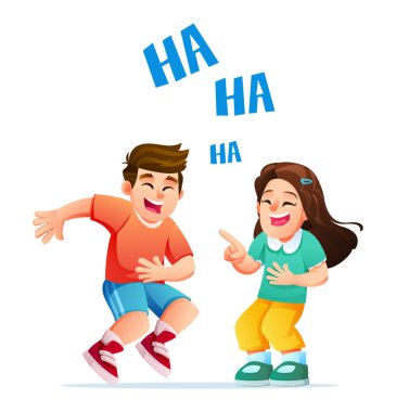 Oğlan ve kız neşeyle gülüyorlar, işaret ediyorlar ve midelerini tutuyorlar. Mutlu çocuklar eğleniyor. Vektör çizgi film illüstrasyonu