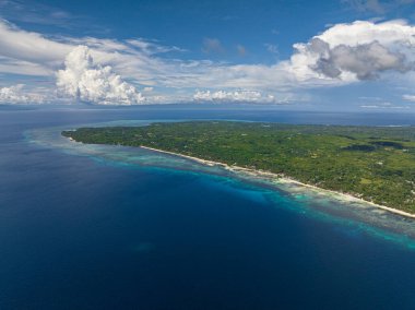 Deniz manzarası: güzel sahil ve tropikal ada ve mavi gökyüzü ve bulutlar. Siquijor, Filipinler