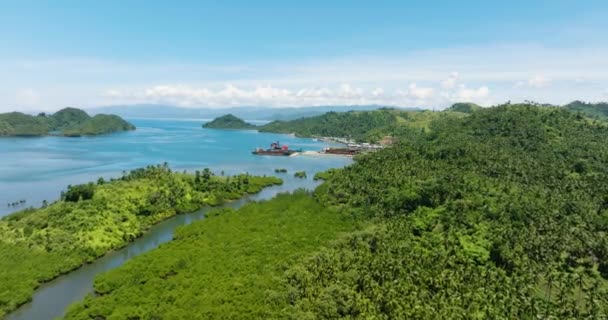 熱帯の島で貨物船と海港の航空調査 フィリピンのミンダナオ島 — ストック動画