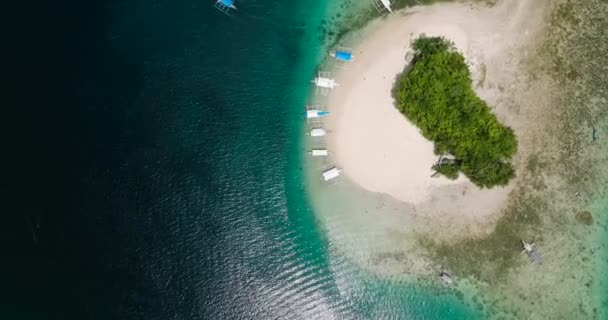熱帯島のビーチで白と 海岸線に並ぶボートのグループ 深い青い海とターコイズブルーの水 フィリピンのミンダナオ島 — ストック動画