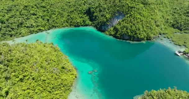 拥有海滩和珊瑚的环礁湖中美丽的绿松石水的空中景观 菲律宾棉兰老岛 — 图库视频影像