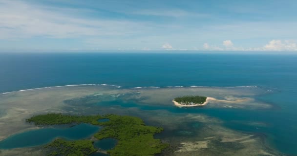 Turkuaz Beyaz Kumlu Plajlı Tropikal Küçük Bir Adada Sarılı Mercan — Stok video