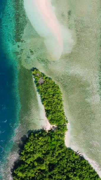砂州のビーチとターコイズブルーと深い青色の海と熱帯の島の風景のドローンビュー フィリピンのミンダナオ島 垂直表示 — ストック動画