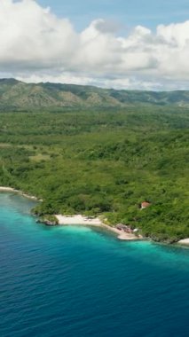 Açık mavi gökyüzünün altında parlak beyaz bir sahil. Cennet adasının üzerinde uç. Siquijor, Filipinler.