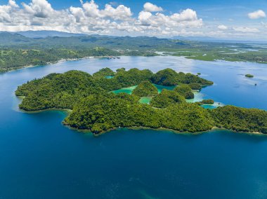 Göl kenarlı Tinago Adası 'nın havadan görünüşü. Güzel silueti olan mavi deniz. Deniz Burnu. Mindanao, Filipinler. Yaz ve seyahat konsepti.