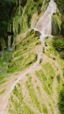 Beautiful hot waterfall in the rainforest. Falls in the tropical mountain jungle. Davao de Oro. Philippines. Vertical view.