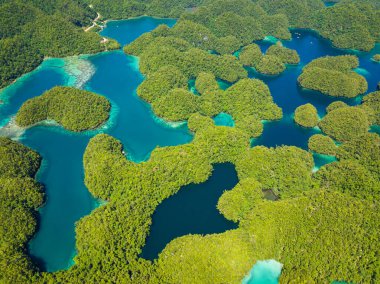 Güzel deniz suyu gölleri ve dağ tepeleri. Tropikal adası ve kumlu plajı olan deniz burnu. Bucas Grande Adası. Mindanao, Filipinler.