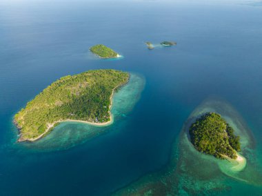 Tropikal adalı deniz burnu ve denizde kumlu bir plaj. Zambonga del Sur. Mindanao, Filipinler.