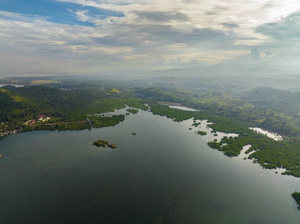 Mangrov ormanı ve mavi denizi olan tropik bir yer. Zamboanga 'da. Mindanao, Filipinler.