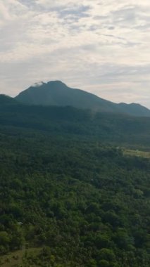 Yeşil yemyeşil bitki örtüsü ve yeşil tepeleri olan dağların manzarası. Camiguin Adası. Filipinler. Dikey video.