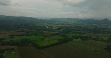 Kırsalda ekili yeşil tarlaları olan tarım arazisinin insansız hava aracı. Mindanao, Filipinler.