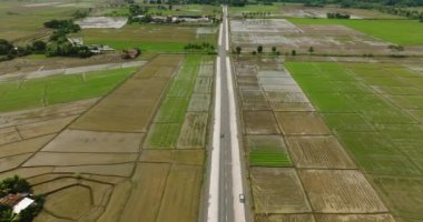 Tarlalar ve çeltik pirinç tarlaları arasındaki dağ yolunun insansız hava aracı görüntüsü. Mindanao, Filipinler.