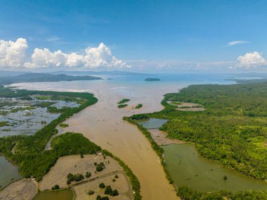 Balık Çiftliği 'nin ve nehrin deniz yüzeyine giden hava görüntüsü. Mindanao, Filipinler.